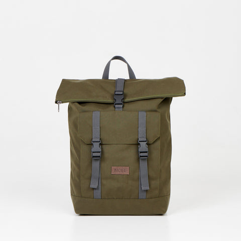 1. Noel Cliff 25L khaki backpack with roll-top closure and front pocket, studio shot