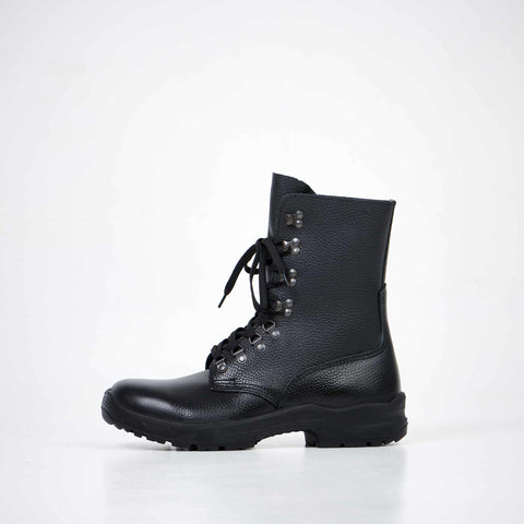 4. Side view of Samelin 2077 Combat Boots in black leather, featuring sturdy sole and high-top style