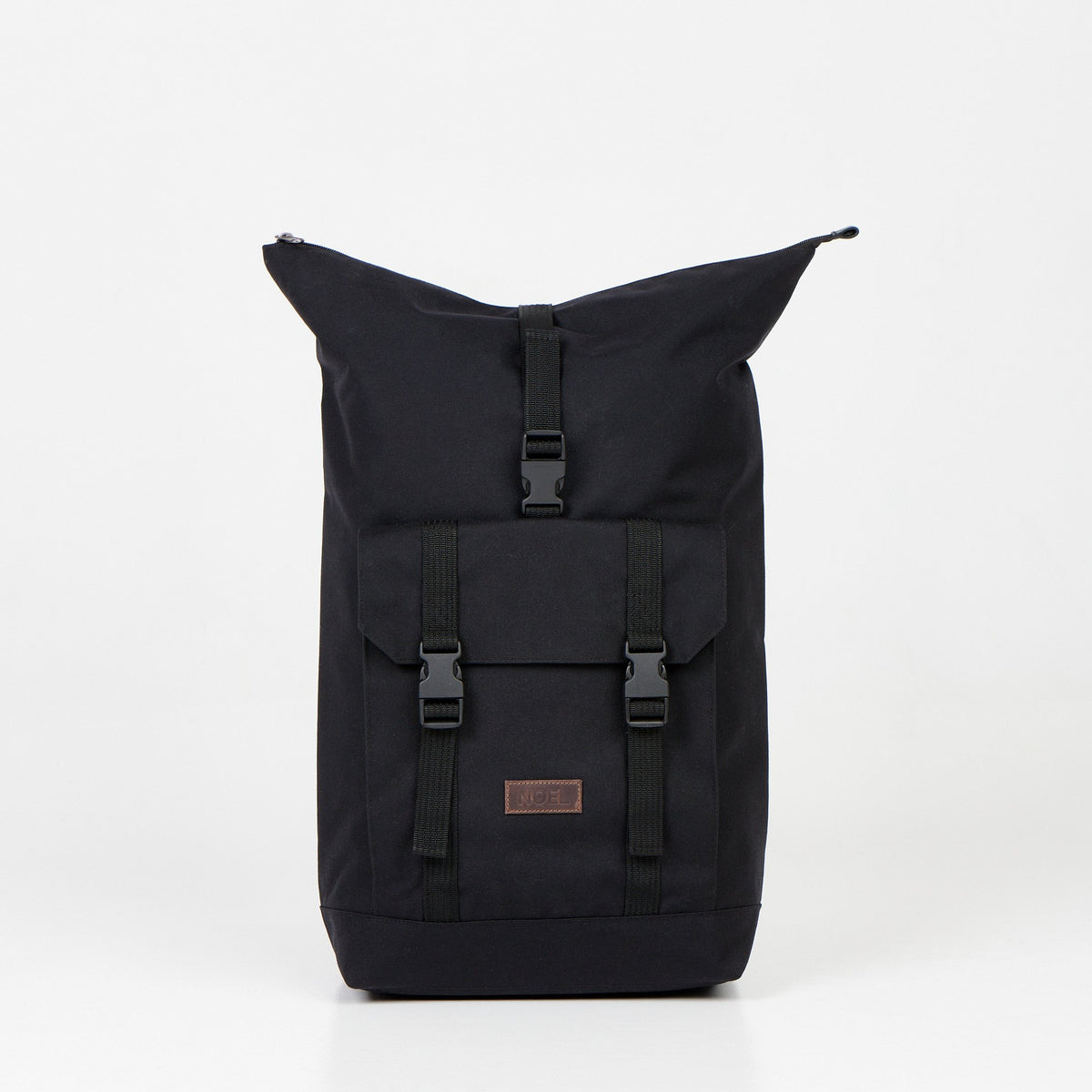 5. Front view of Noel Cliff 25L black backpack with extended top, featuring buckle closure
