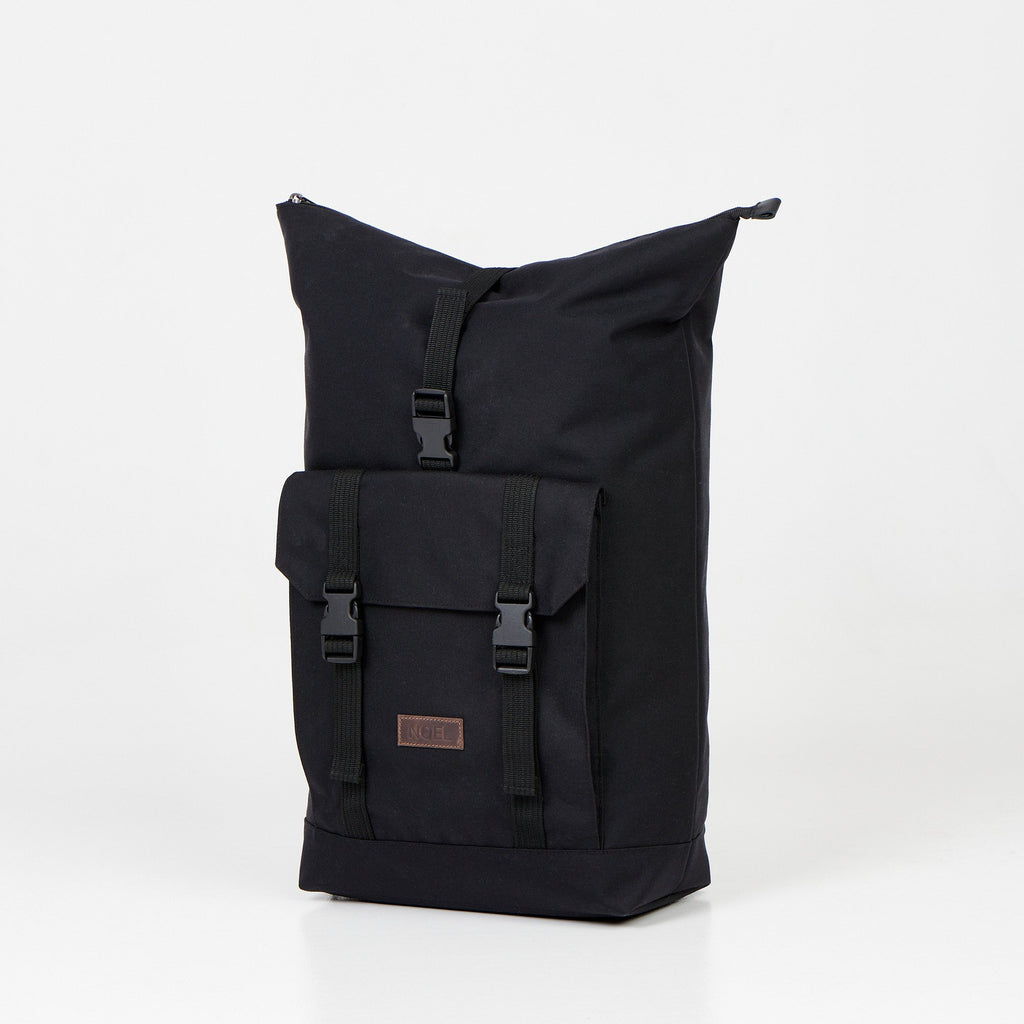 4. Noel Cliff 25L black backpack with extended top, showcasing front pocket and buckles