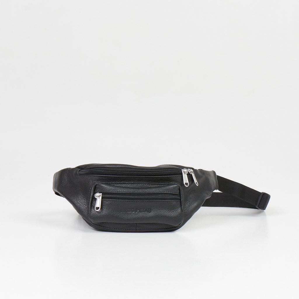 2. Studio shot of black leather waist bag with multiple zippered compartments and adjustable strap on white background