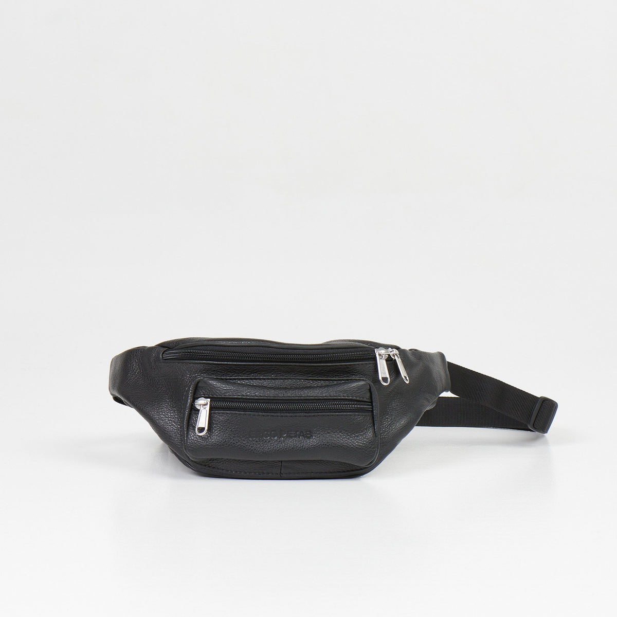 2. Studio shot of black leather waist bag with multiple zippered compartments and adjustable strap on white background