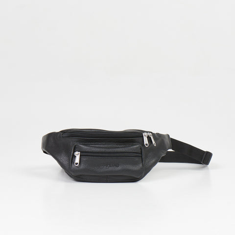 2. Studio shot of black leather waist bag with multiple zippered compartments and adjustable strap on white background