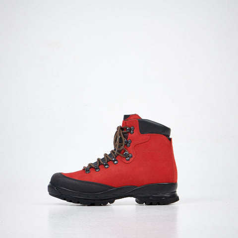 2. Side view of Samelin 553P Rosso Hiking Boots in red nubuck leather with brown laces, studio setting