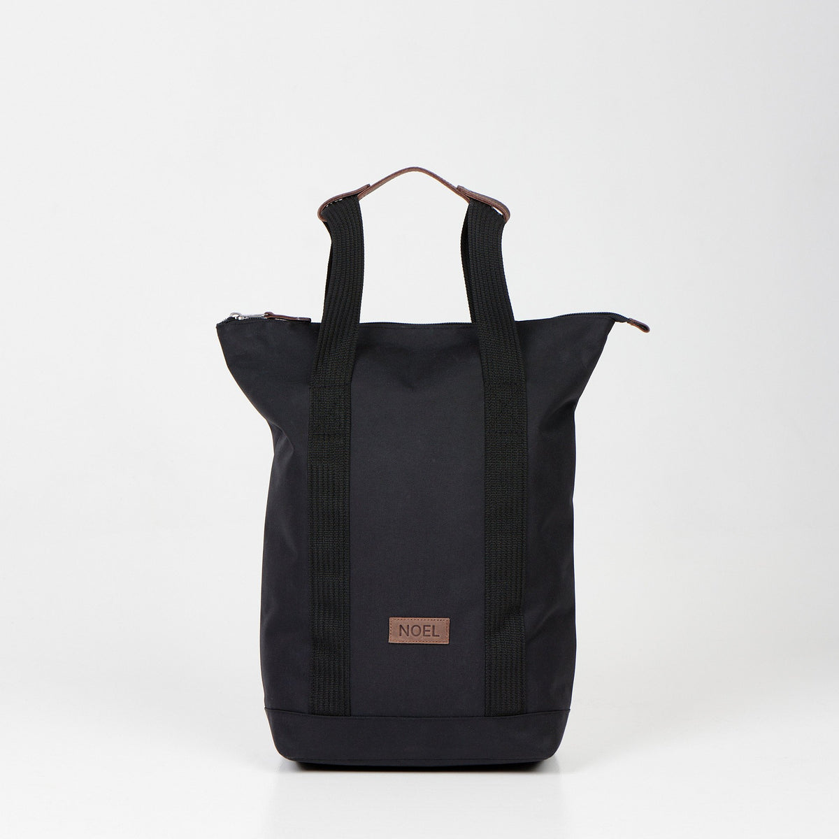 3. Front view of black Noel multifunctional 3in1 bag with logo in studio