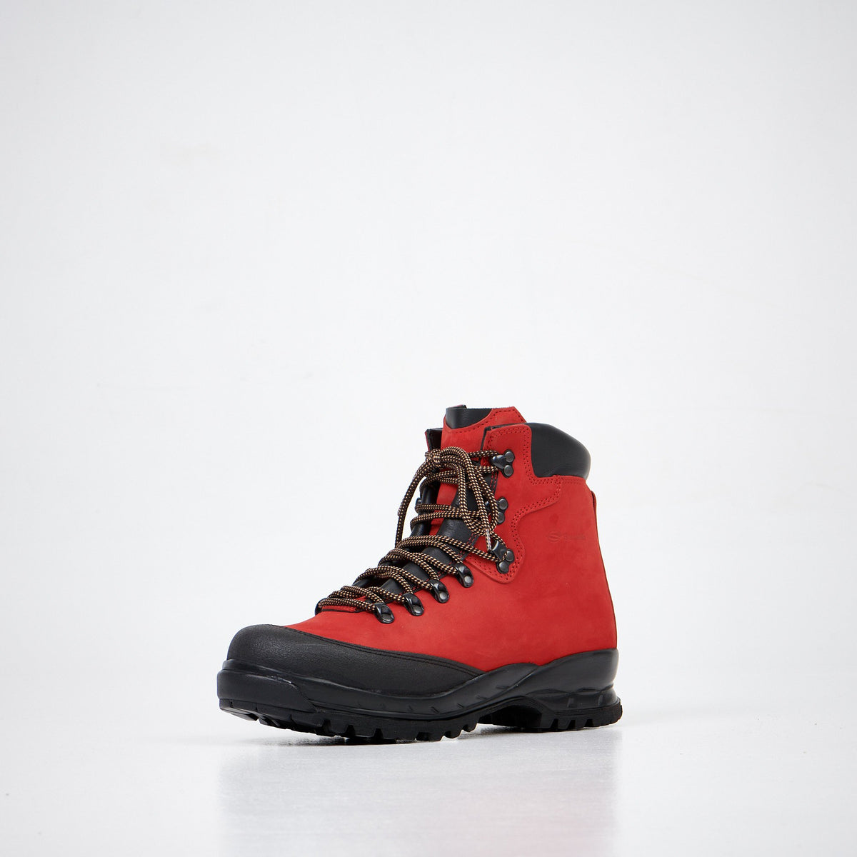 3. Front angled view of Samelin 553P Rosso Hiking Boots in red nubuck leather with protective toe cap, studio setting