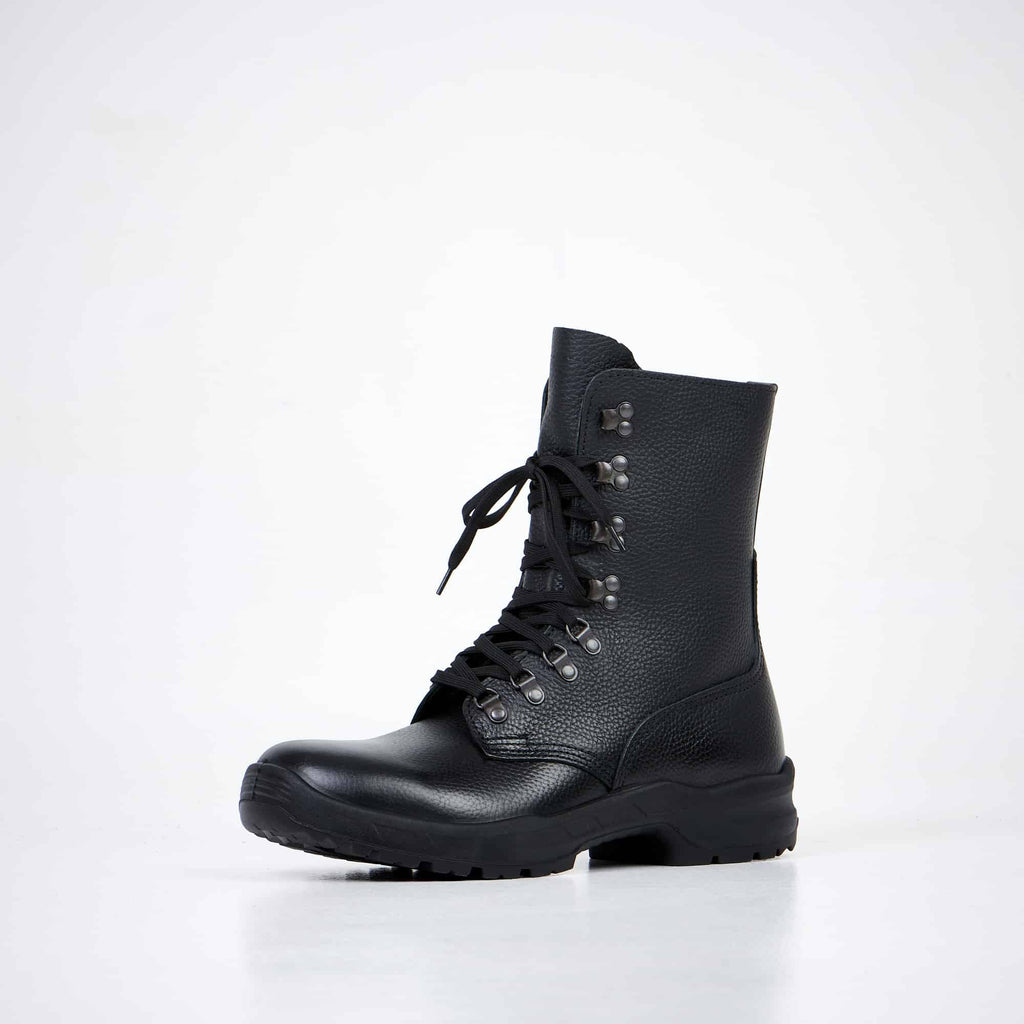 2. Side view of Samelin 2077 Combat Boots in black leather, highlighting lace-up front and rugged sole