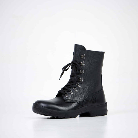 2. Side view of Samelin 2077 Combat Boots in black leather, highlighting lace-up front and rugged sole