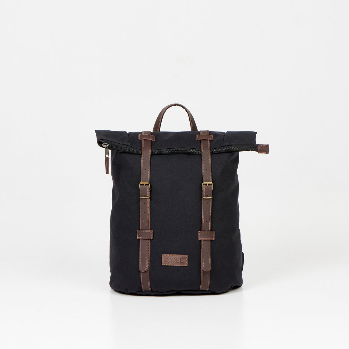 1. Noel black zip backpack with leather straps, front view in studio setting