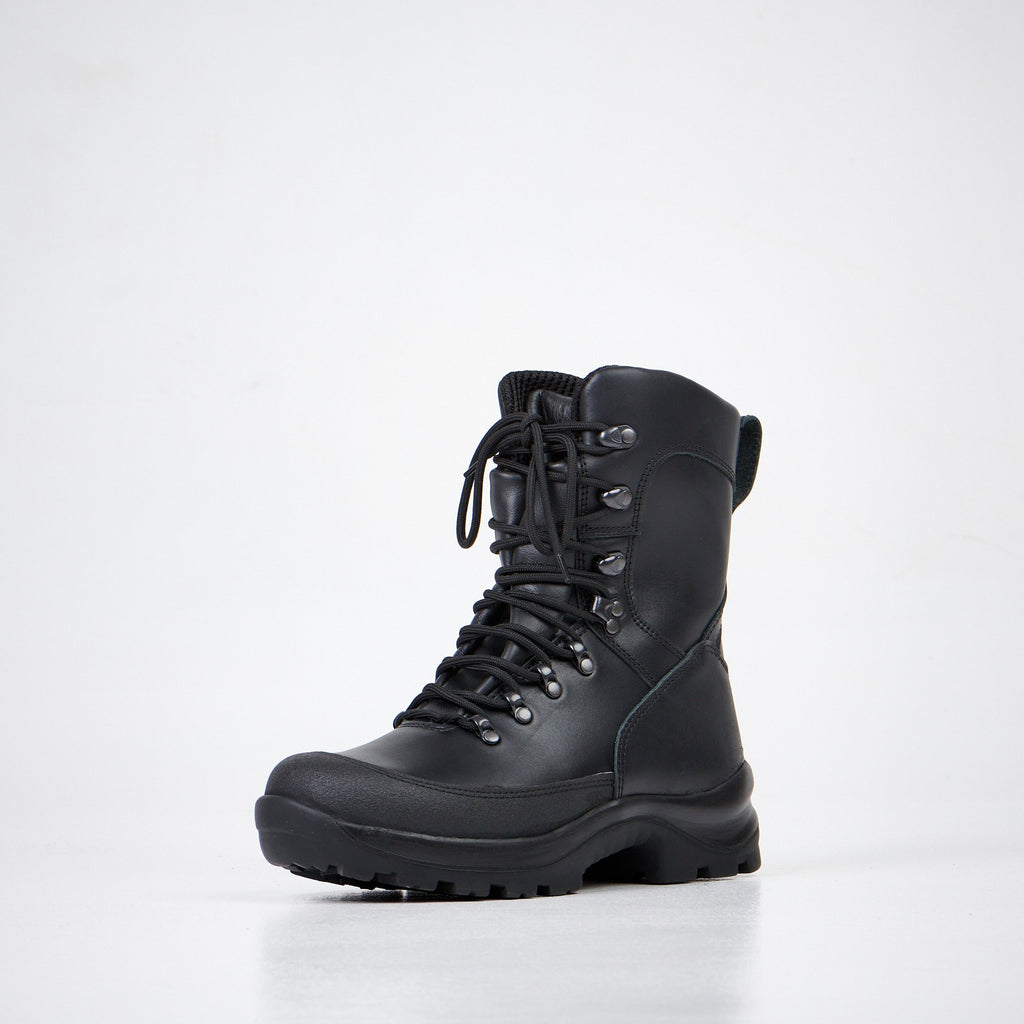 3. Front angled view of Samelin Waterproof Combat Boots 734 in black, featuring TPU toe protector and lacing