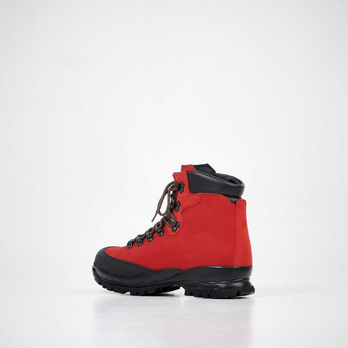 4. Side view of Samelin 553P Rosso Hiking Boots in red nubuck leather with black collar, studio setting
