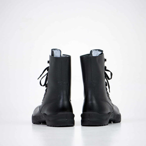 1. Back view of Samelin 2077 Combat Boots in black leather, showcasing dual-layer sole and high-top design