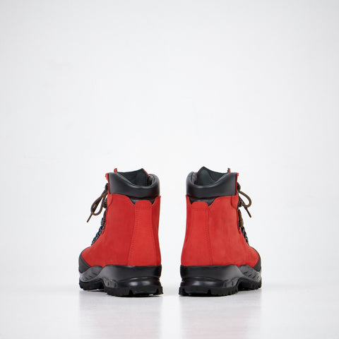 1. Back view of Samelin 553P Rosso Hiking Boots in red nubuck leather with black Vibram sole, studio setting