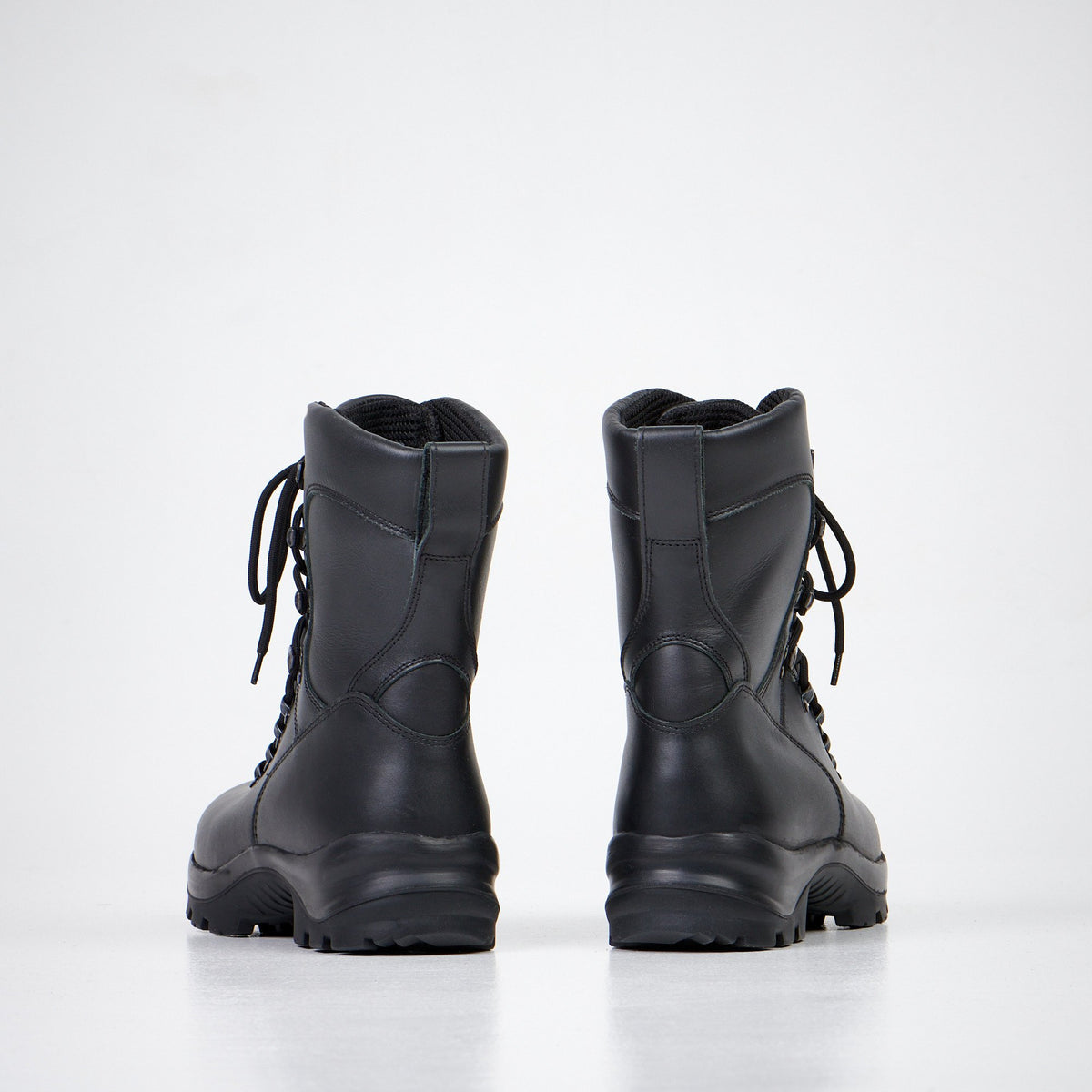 1. Back view of Samelin Waterproof Combat Boots 736 in black leather, showing reinforced heel and dual-layer outsole