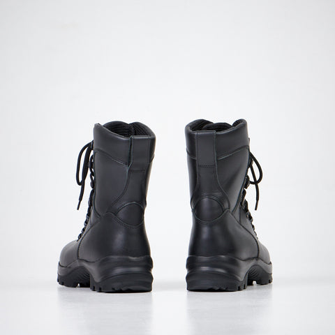 1. Back view of Samelin Waterproof Combat Boots 736 in black leather, showing reinforced heel and dual-layer outsole