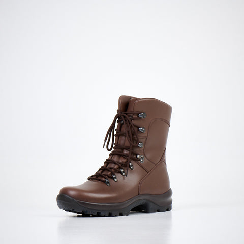 1. Studio shot of Samelin Military Boots 739 Winter in dark brown, shown from the back highlighting waterproof leather and dual-layer outsole