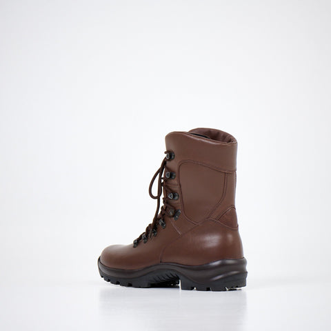 2. Unisex dark brown military boots by Samelin, angled front view in studio setting
