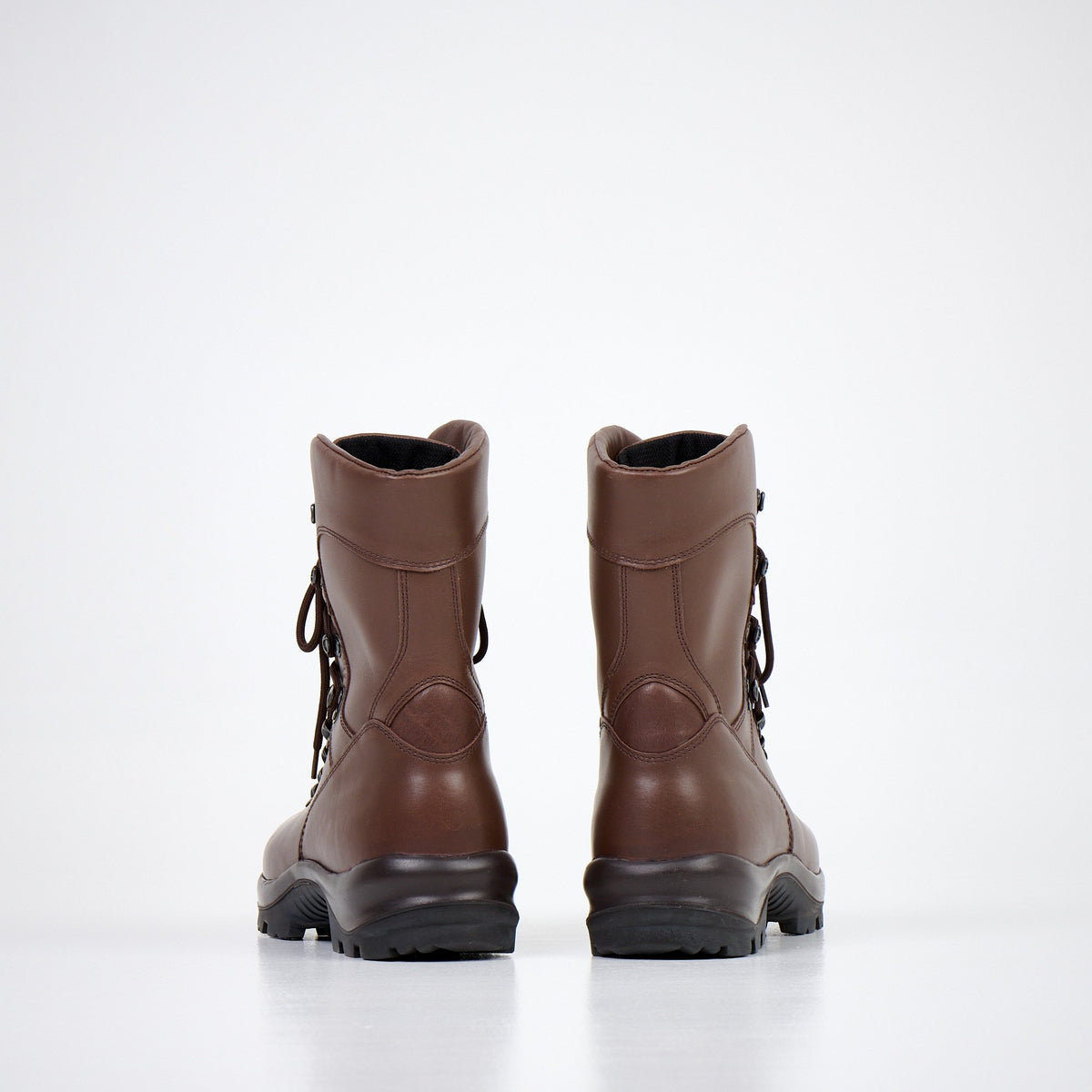 3. Unisex dark brown military boots by Samelin, back view in studio setting