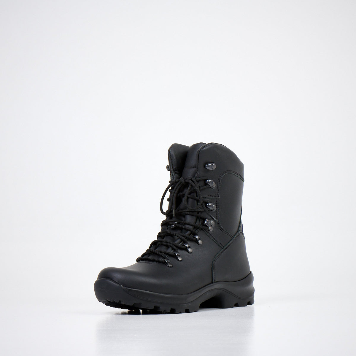 3. Front angled view of Samelin Military Boots 739 in black, highlighting lace-up design and rugged sole