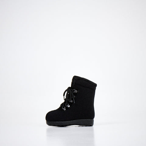 1. Black kids' felt boot with lace-up design and non-slip sole, side view on white background