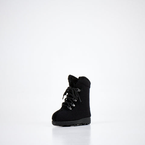 4. Black kids' felt boot with lace-up front, angled front view on white background
