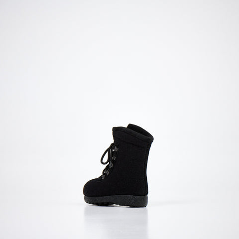 2. Black kids' felt boot with lace-up design, angled side view on white background