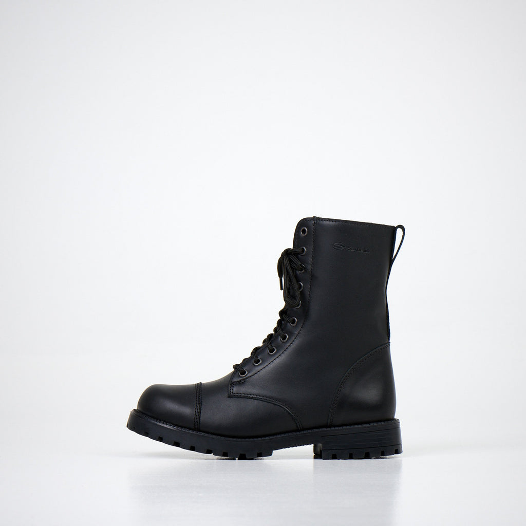 1. Unisex black leather boots with zipper and laces shown in side view on white background