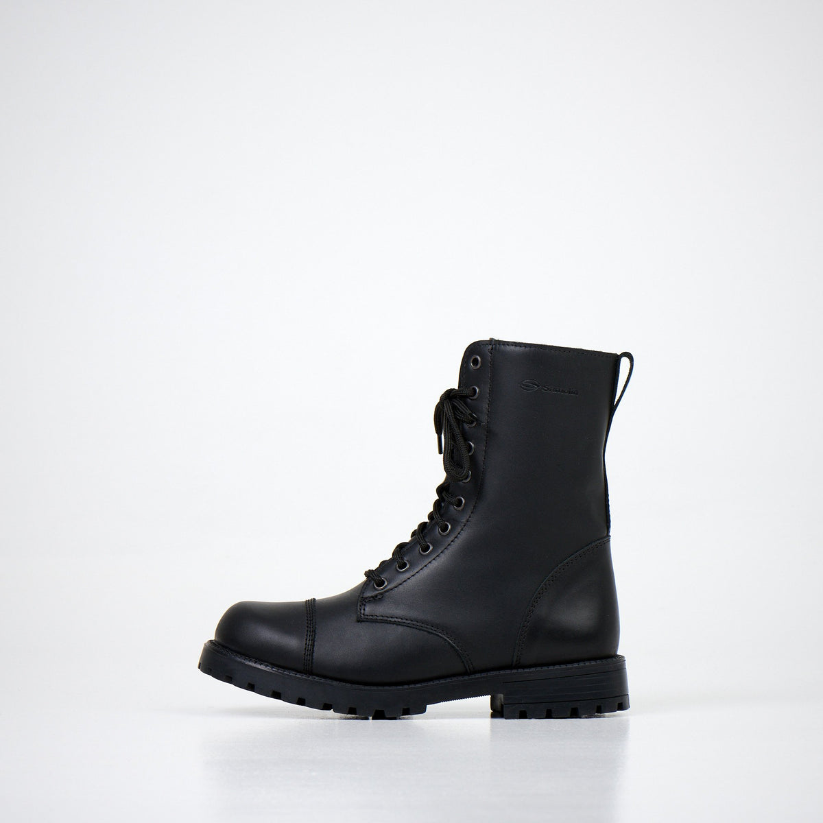 1. Unisex black leather boots with zipper and laces shown in side view on white background