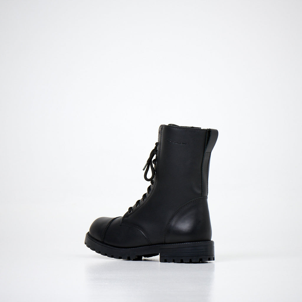 2. Unisex black leather boots with zipper and laces shown from back angle on white background