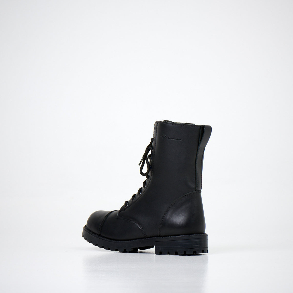 2. Unisex black leather boots with zipper and laces shown from back angle on white background