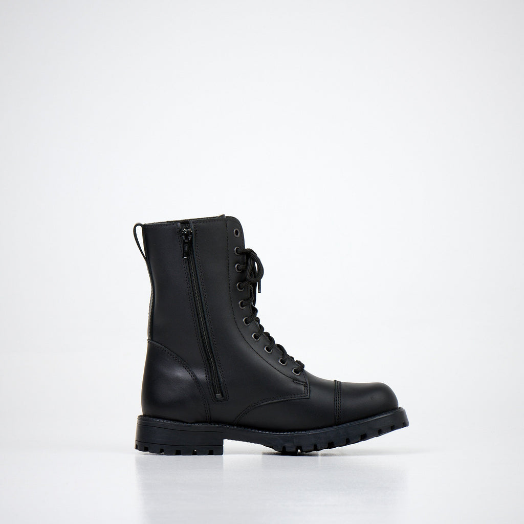 5. Unisex black leather boots with side zipper and laces shown from opposite side on white background