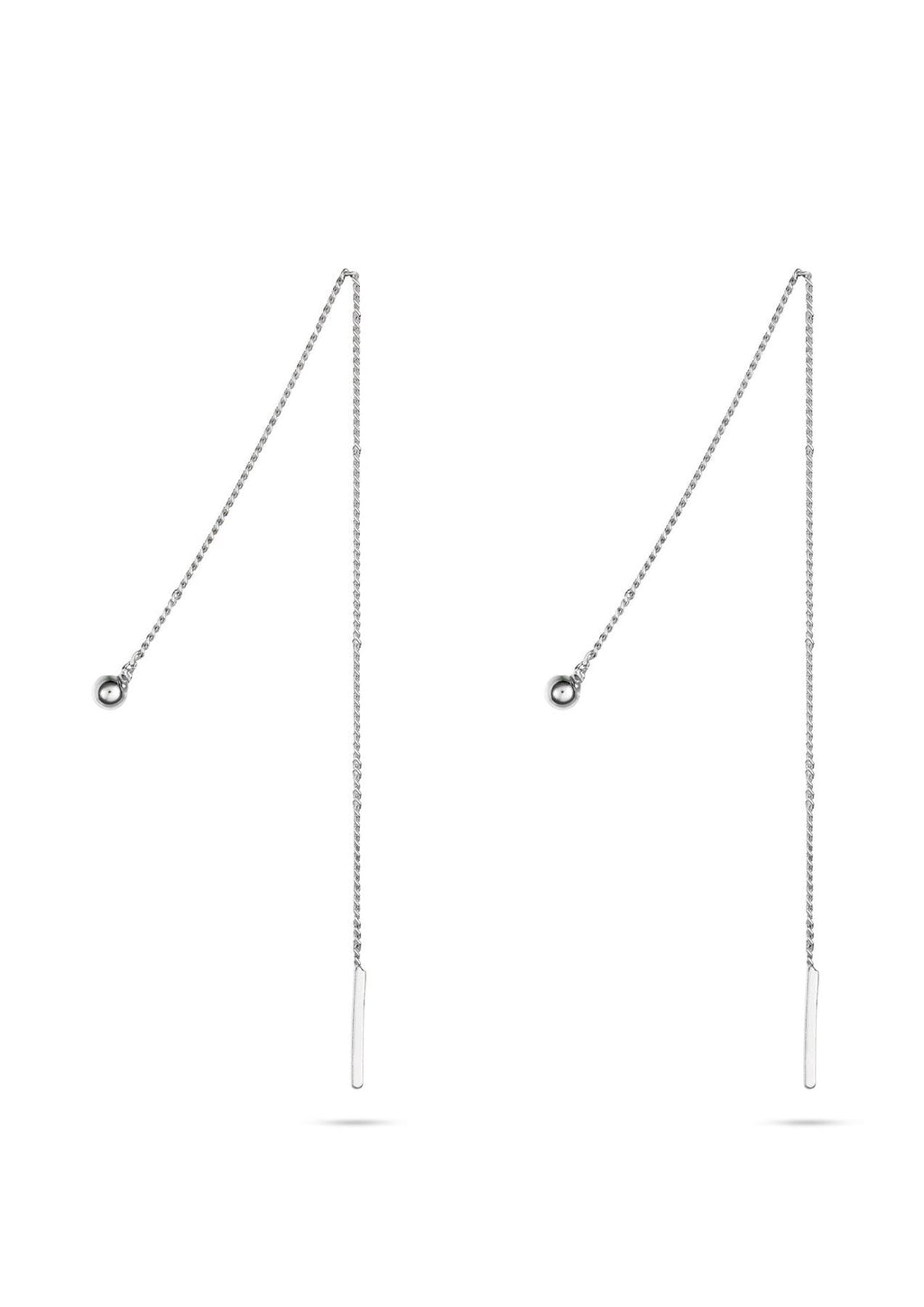 3. Studio image of NO MORE Pin Up Threader Chain Earrings in silver, featuring a unique thread-through design