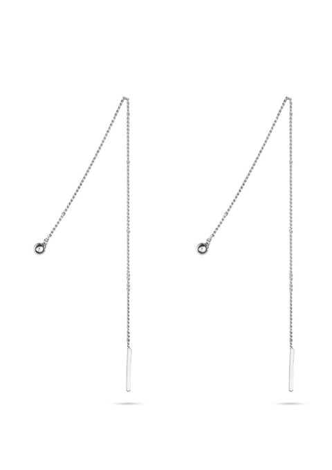 3. Studio image of NO MORE Pin Up Threader Chain Earrings in silver, featuring a unique thread-through design