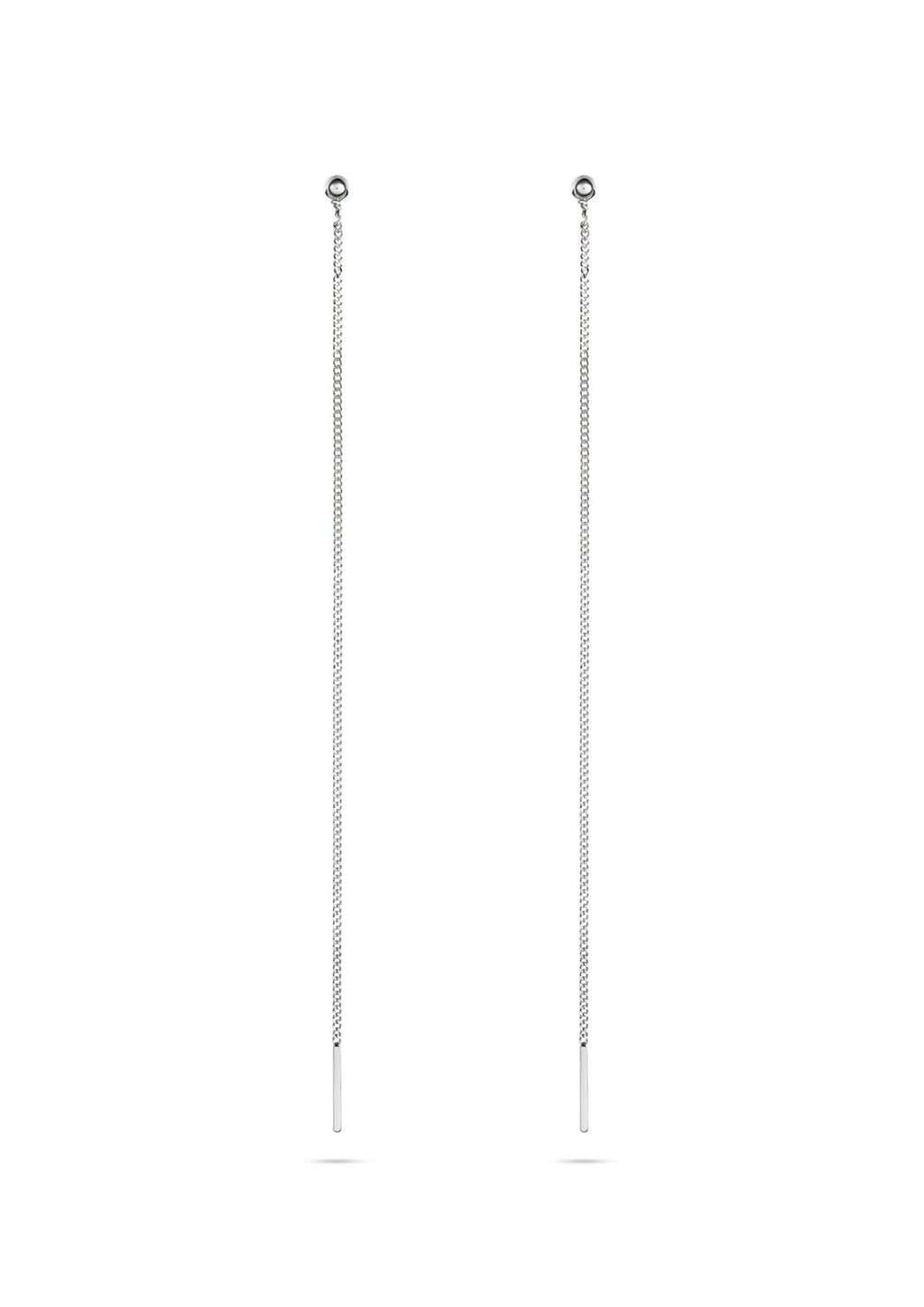 4. Studio shot of NO MORE Pin Up Threader Chain Earrings in silver, shown in full length