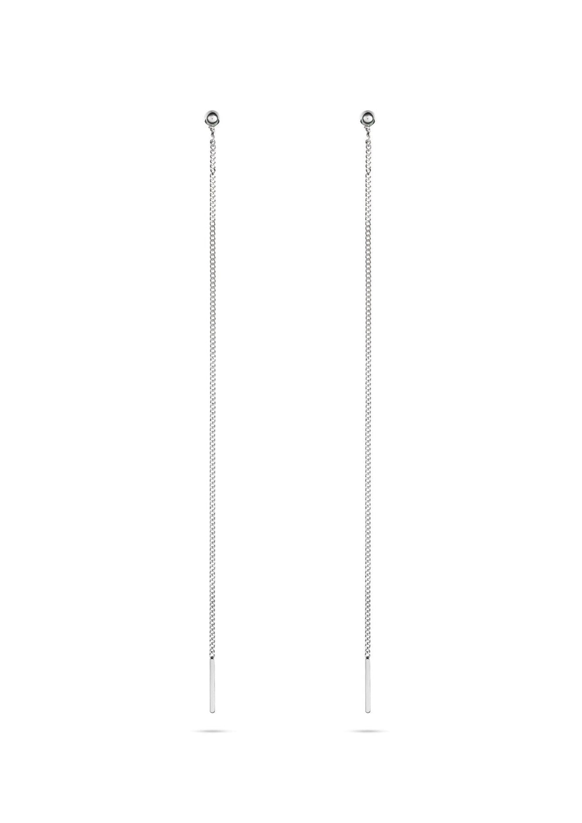 4. Studio shot of NO MORE Pin Up Threader Chain Earrings in silver, shown in full length