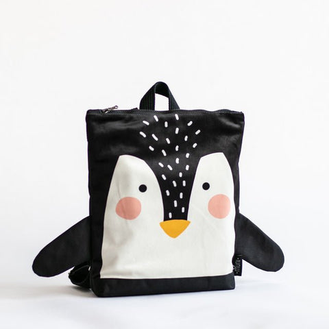 4. Studio image of Muni Penguin backpack with velvet and polyester design