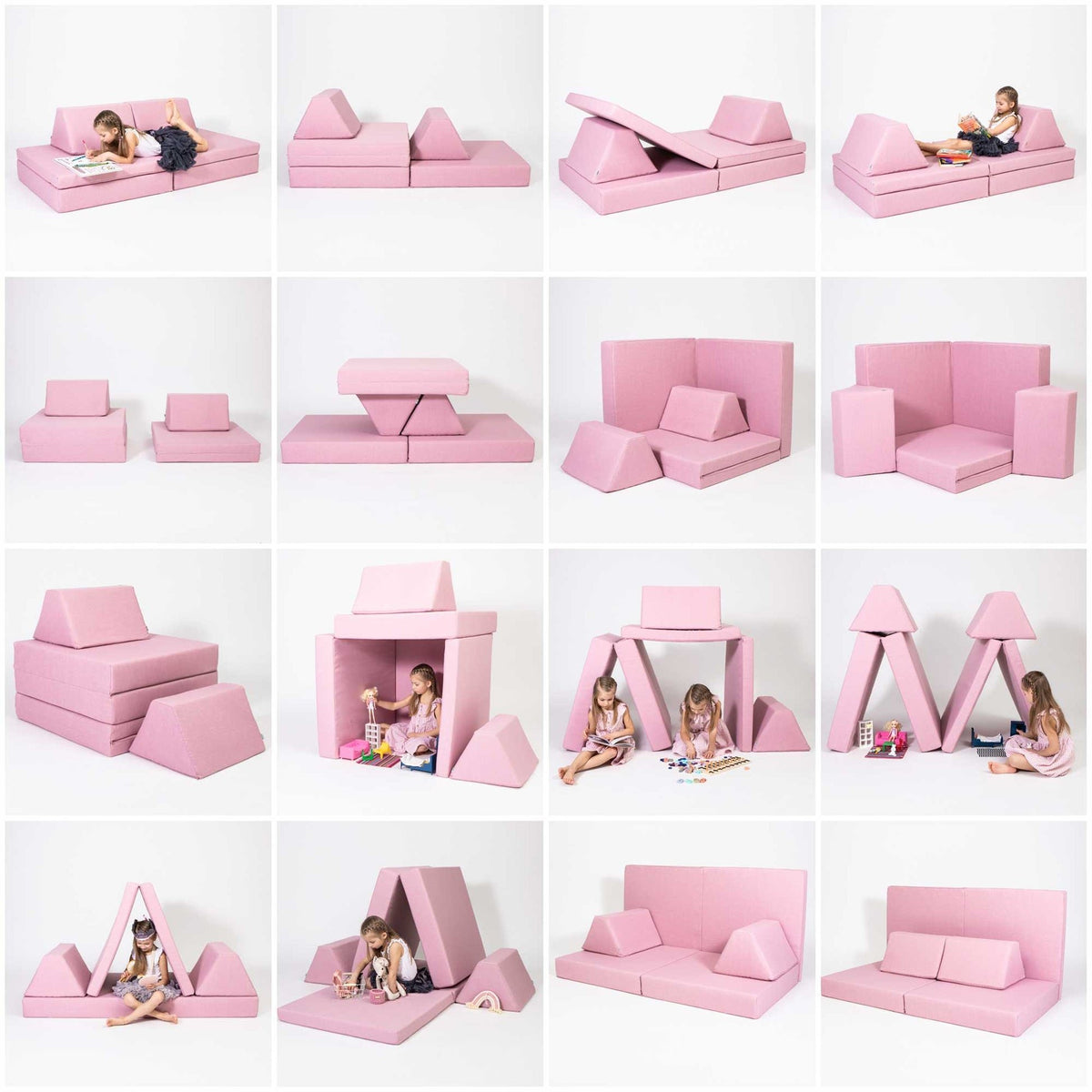 1. Collage of various configurations of pink play mattress set with children playing
