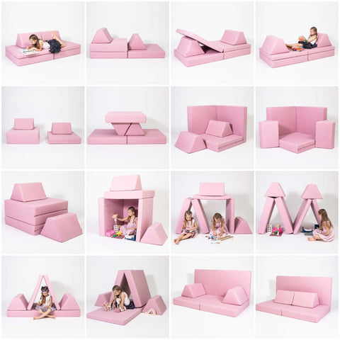 1. Collage of various configurations of pink play mattress set with children playing