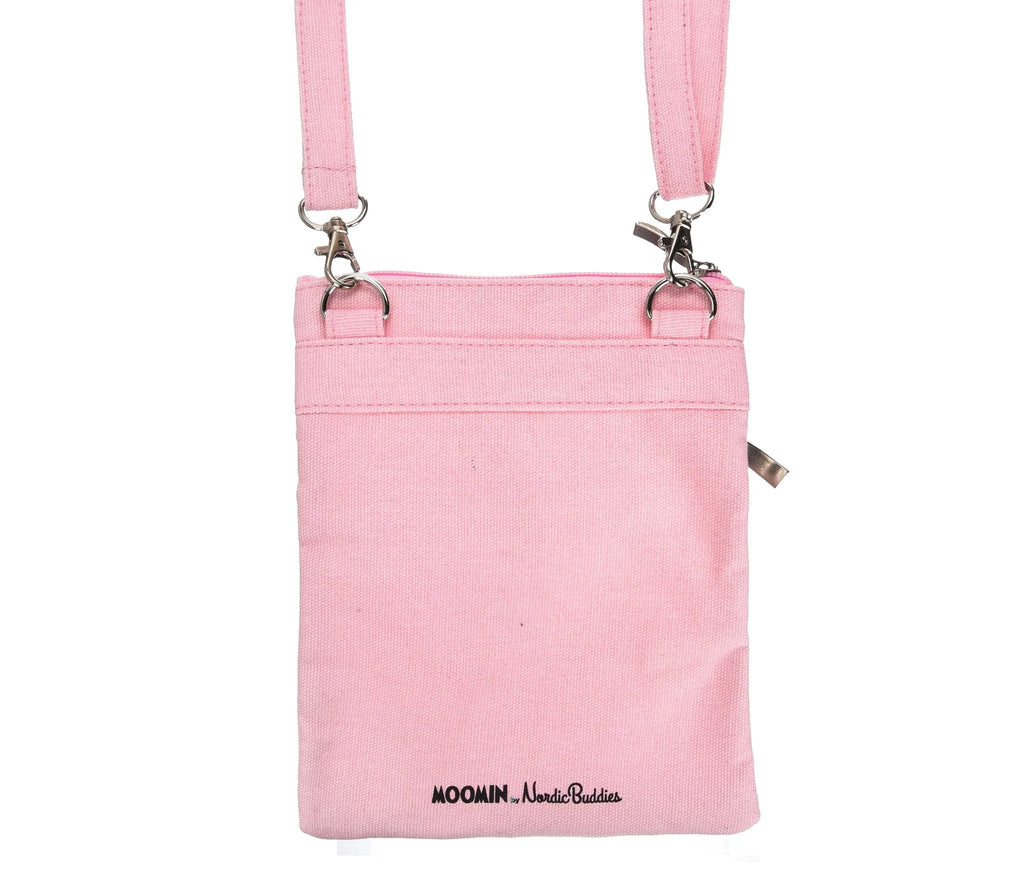 2. Back view of Moomin by NordicBuddies pink neck/passport bag, highlighting canvas material and brand logo, shown in studio