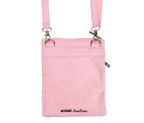 2. Back view of Moomin by NordicBuddies pink neck/passport bag, highlighting canvas material and brand logo, shown in studio