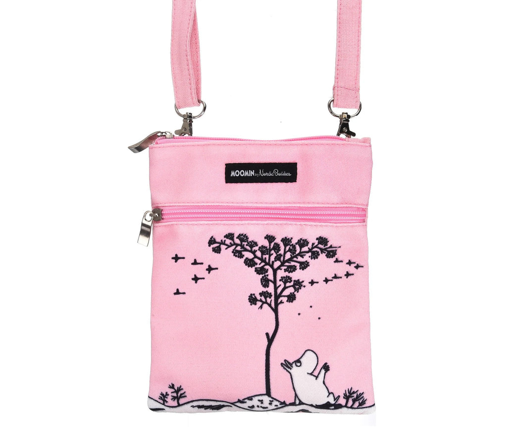 1. Moomin by NordicBuddies pink neck/passport bag featuring Moomintroll under a tree design, shown in studio with multiple pockets and durable canvas material