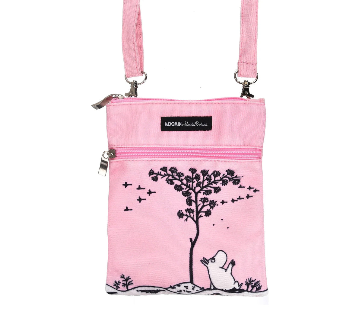 1. Moomin by NordicBuddies pink neck/passport bag featuring Moomintroll under a tree design, shown in studio with multiple pockets and durable canvas material