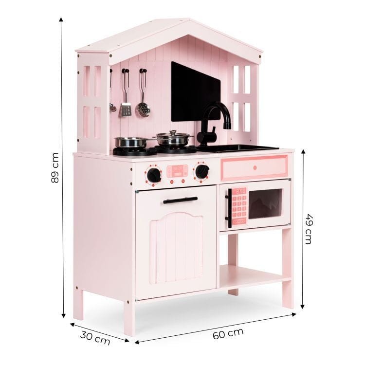 2. Pink wooden play kitchen with dimensions 89 cm height, 60 cm width, 30 cm depth, featuring oven, burners, and microwave