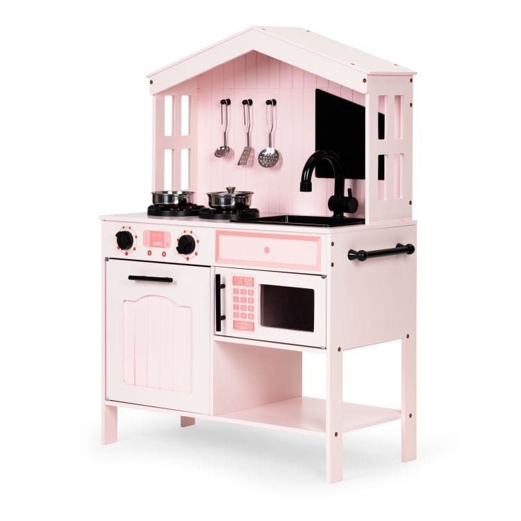 1. Pink wooden play kitchen with oven, burners, microwave, and accessories by Angelove, featuring a compact design with child-friendly edges