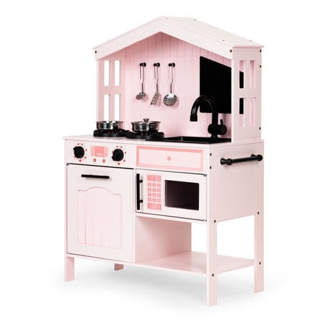 1. Pink wooden play kitchen with oven, burners, microwave, and accessories by Angelove, featuring a compact design with child-friendly edges