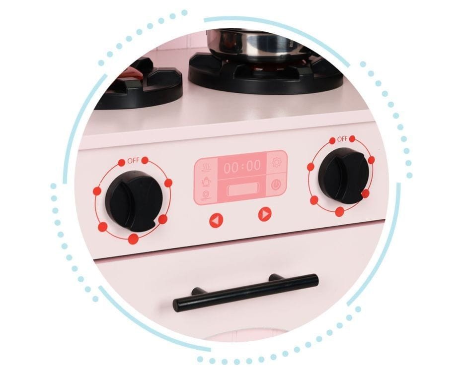 3. Close-up of play kitchen control panel with turning knobs and digital display