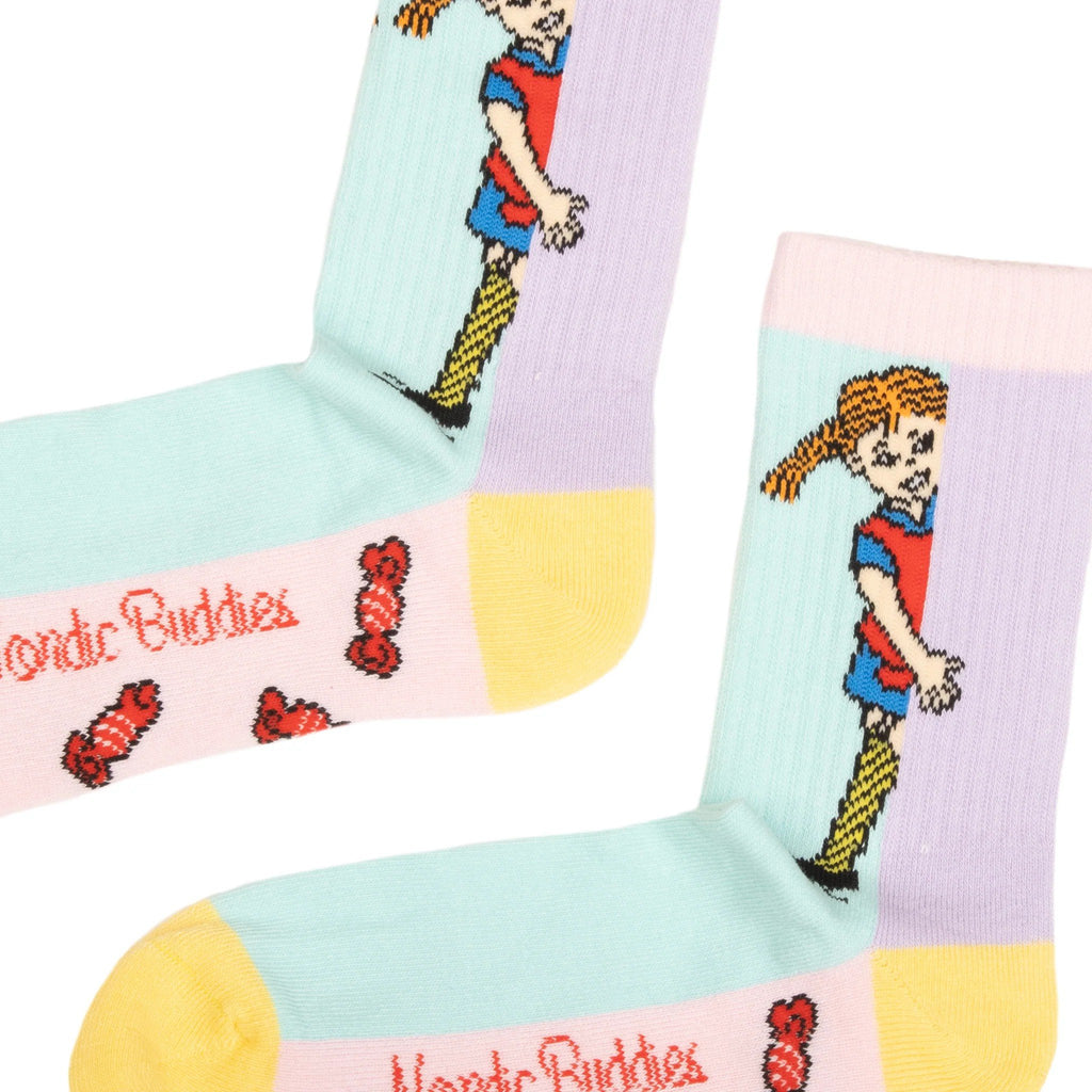 2. Close-up of Pippi Longstocking socks by NordicBuddies, showing vibrant design and logo