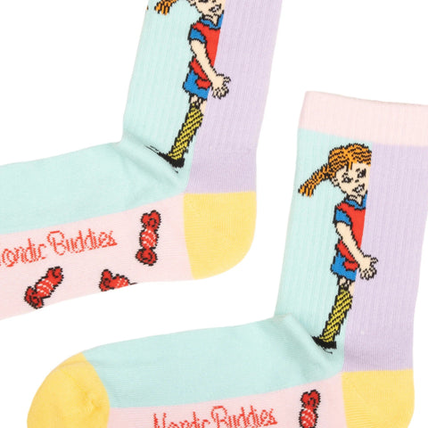 2. Close-up of Pippi Longstocking socks by NordicBuddies, showing vibrant design and logo