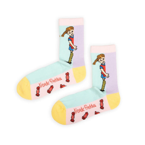 3. Studio shot of Pippi Longstocking socks by NordicBuddies, highlighting colorful pattern and branding