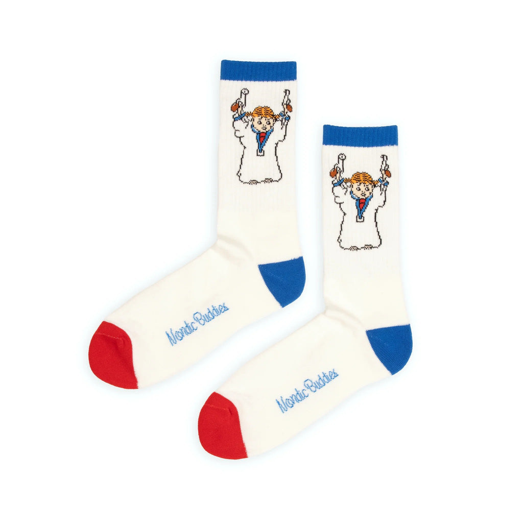 1. Men's Pippi Longstocking retro socks by NordicBuddies in white with red and blue accents, featuring playful character design